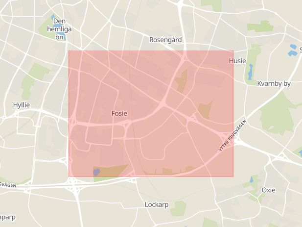 Karta som med röd fyrkant ramar in Fosie, Södra Malmö, Malmö, Skåne län