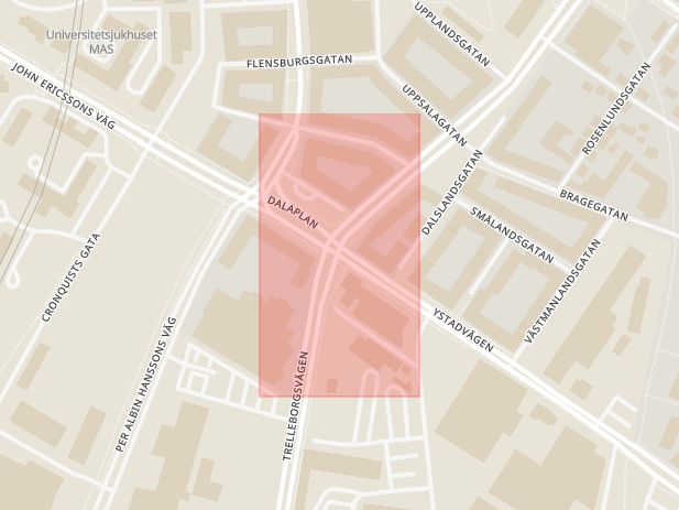 Karta som med röd fyrkant ramar in Dalaplan, Trelleborgsvägen, Ystadvägen, Malmö, Skåne län