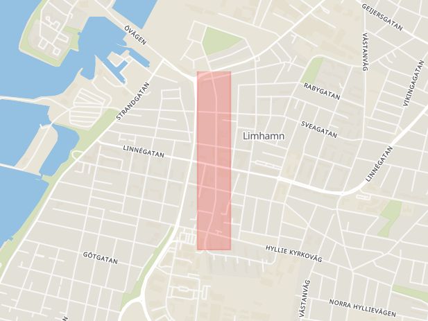Karta som med röd fyrkant ramar in Järnvägsgatan, Limhamn, Malmö, Skåne län