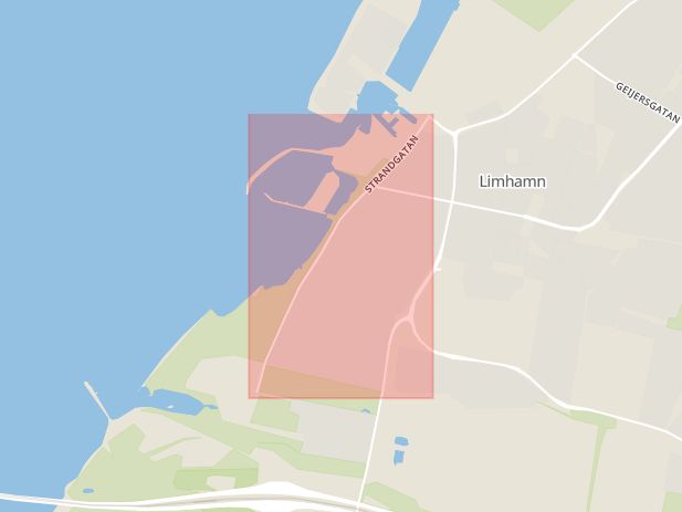 Karta som med röd fyrkant ramar in Limhamn, Strandgatan, Östra Bernadottesgatan, Malmö, Skåne län