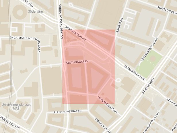 Karta som med röd fyrkant ramar in Södervärn, Sigtunagatan, Malmö, Skåne län