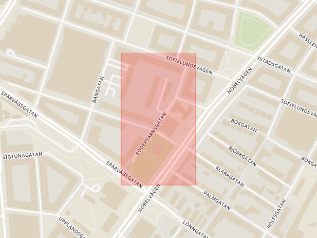 Karta som med röd fyrkant ramar in Södervärnsgatan, Vitemöllegatan, Malmö, Skåne län