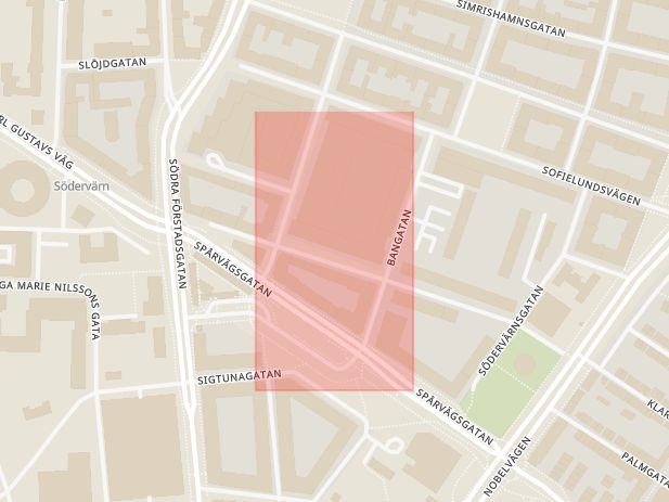 Karta som med röd fyrkant ramar in Möllevången, Bangatan, Sofielundsvägen, Malmö, Skåne län