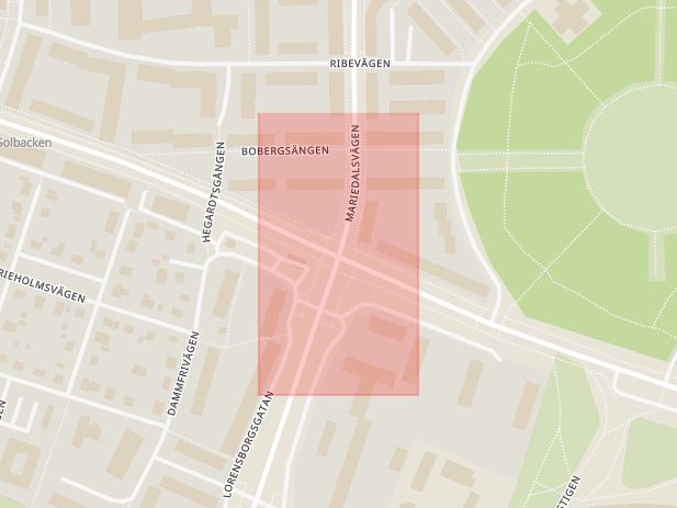 Karta som med röd fyrkant ramar in John Ericssons Väg, Mariedalsvägen, Malmö, Skåne län