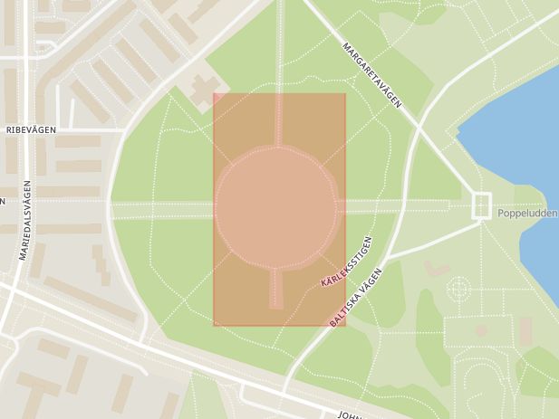 Karta som med röd fyrkant ramar in Pildammsparken, Baltiska Vägen, Malmö, Skåne län