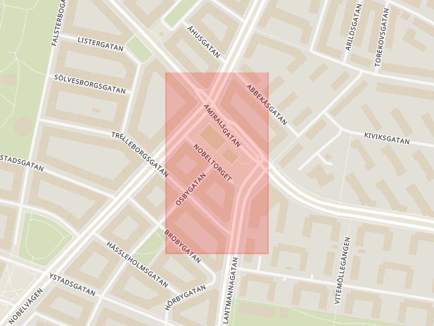 Karta som med röd fyrkant ramar in Nobeltorget, Osbygatan, Malmö, Skåne län