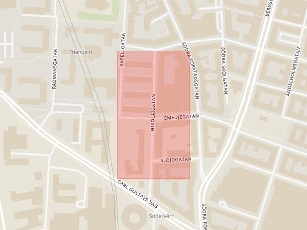 Karta som med röd fyrkant ramar in Nikolaigatan, Smedjegatan, Malmö, Skåne län