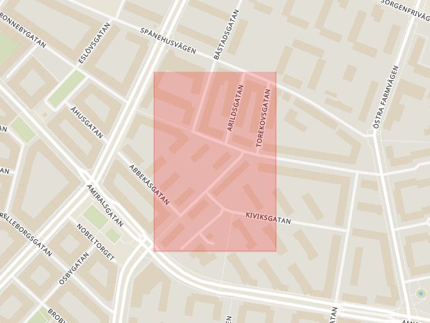 Karta som med röd fyrkant ramar in Torekovsgatan, Malmö, Skåne län