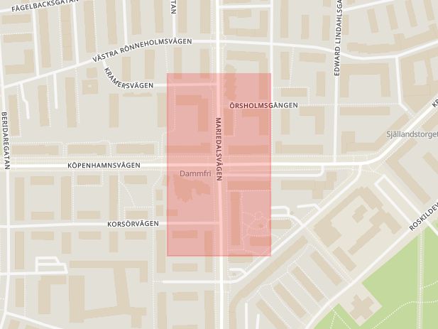 Karta som med röd fyrkant ramar in Köpenhamnsvägen, Mariedalsvägen, Malmö, Skåne län