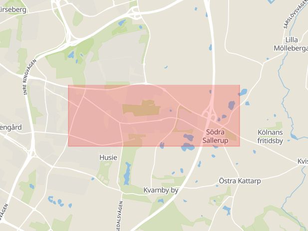 Karta som med röd fyrkant ramar in Husie, Klågerupsvägen, Malmö, Skåne län