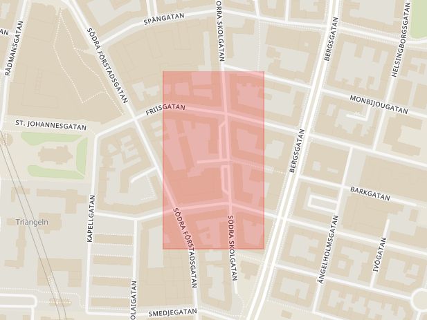 Karta som med röd fyrkant ramar in Barkmansgatan, Malmö, Skåne län