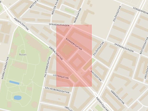 Karta som med röd fyrkant ramar in Västra Sorgenfri, Skanörsgatan, Malmö, Skåne län