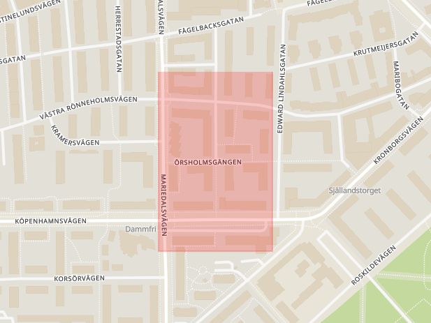Karta som med röd fyrkant ramar in Örsholmsgången, Malmö, Skåne län