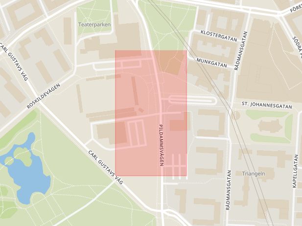 Karta som med röd fyrkant ramar in Pildammsvägen, Idrottsplatsen, Roskildevägen, Malmö, Skåne län