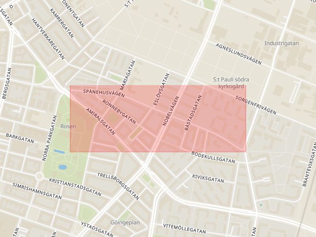 Karta som med röd fyrkant ramar in Östra Sorgenfri, Spånehusvägen, Malmö, Skåne län
