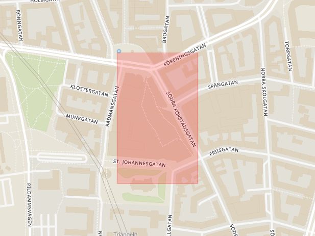 Karta som med röd fyrkant ramar in Triangeln, Södra Förstadsgatan, Friisgatan, Föreningsgatan, Spångatan, Norra Skolgatan, Malmö, Skåne län