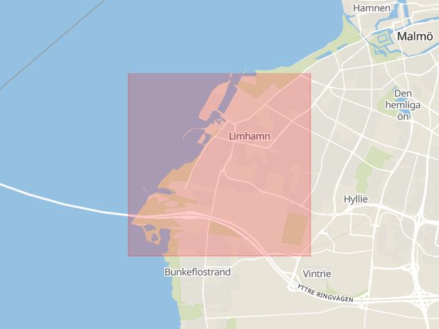 Karta som med röd fyrkant ramar in Limhamn, Västra Innerstaden, Malmö, Skåne län