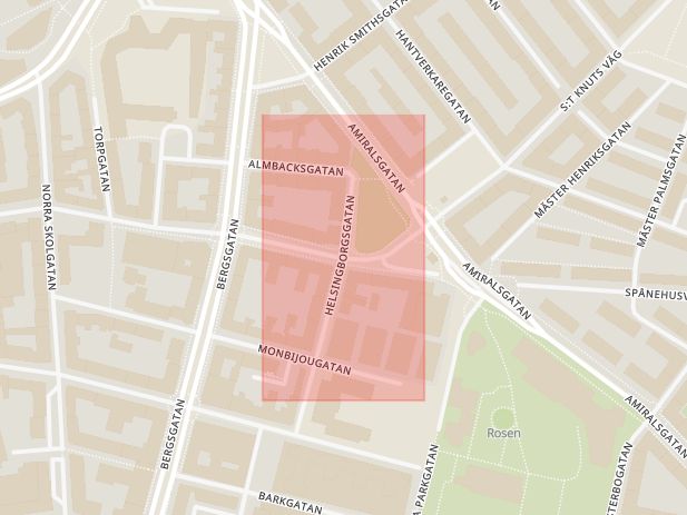 Karta som med röd fyrkant ramar in Möllevången, Helsingborgsgatan, Spångatan, Malmö, Skåne län