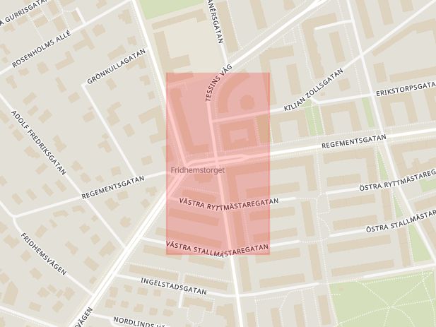 Karta som med röd fyrkant ramar in Regementsgatan, Fridhemstorget, Malmö, Skåne län
