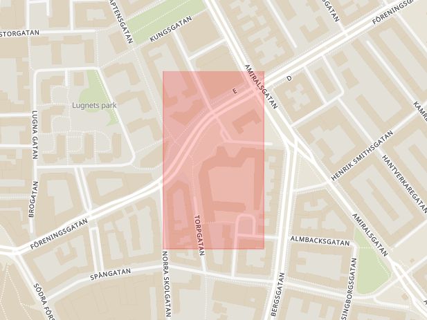 Karta som med röd fyrkant ramar in August Palms Plats, Stadshuset, Malmö, Skåne län