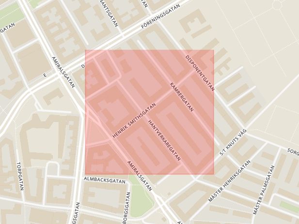 Karta som med röd fyrkant ramar in Henrik Smithsgatan, Malmö, Skåne län