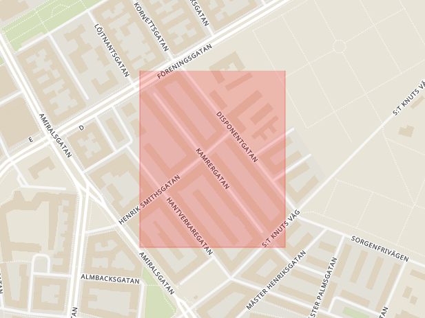Karta som med röd fyrkant ramar in Kamrergatan, Malmö, Skåne län