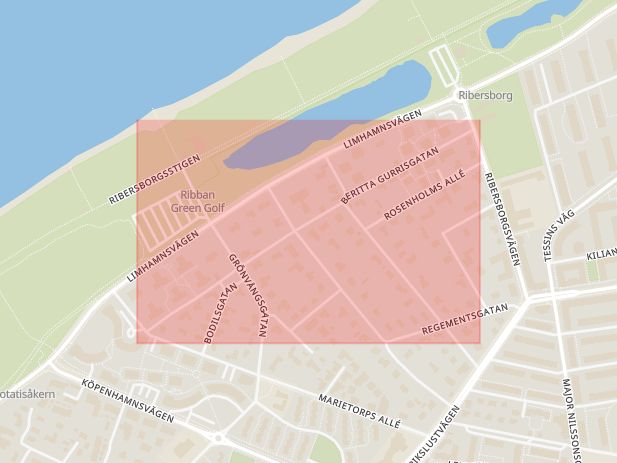 Karta som med röd fyrkant ramar in Beritta Gurrisgatan, Malmö, Skåne län