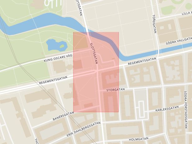 Karta som med röd fyrkant ramar in Regementsgatan, Fersens Väg, Malmö, Skåne län
