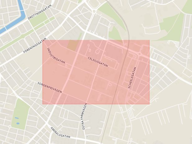Karta som med röd fyrkant ramar in Industrigatan, Malmö, Skåne län