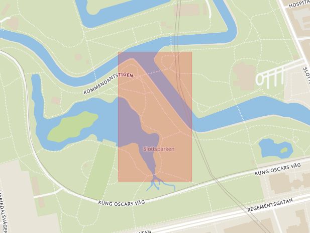 Karta som med röd fyrkant ramar in Slottsparken, Carl Gustafs Väg, Regementsgatan, Malmö, Skåne län