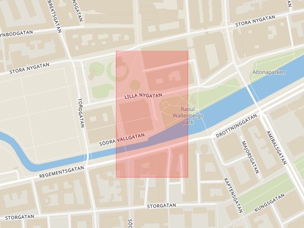 Karta som med röd fyrkant ramar in Kanalgatan, Malmö, Skåne län