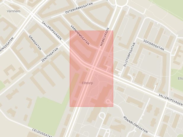Karta som med röd fyrkant ramar in Nobelvägen, Sallerupsvägen, Malmö, Skåne län