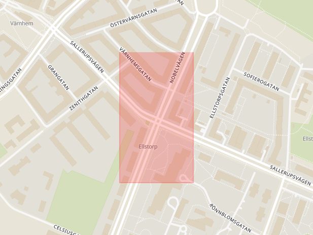 Karta som med röd fyrkant ramar in Värnhem, Ellstorp, Sallerupsvägen, Nobelvägen, Malmö, Skåne län
