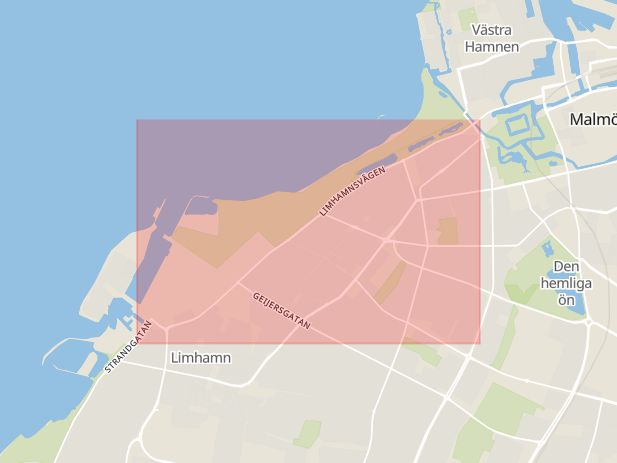 Karta som med röd fyrkant ramar in Limhamnsvägen, Malmö, Skåne län
