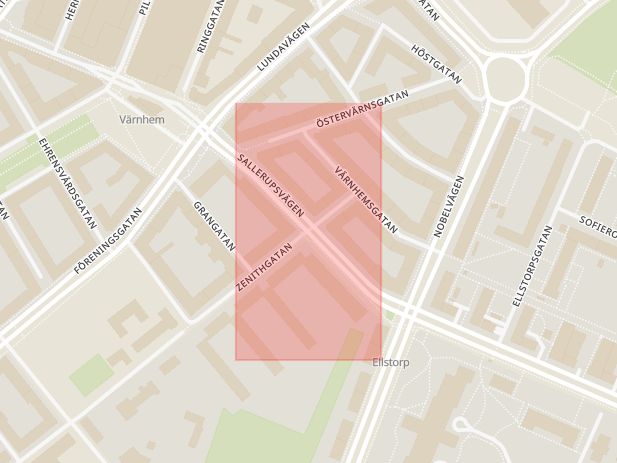 Karta som med röd fyrkant ramar in Sallerupsvägen, Zenithgatan, Nobelvägen, Hornsgatan, Malmö, Skåne län