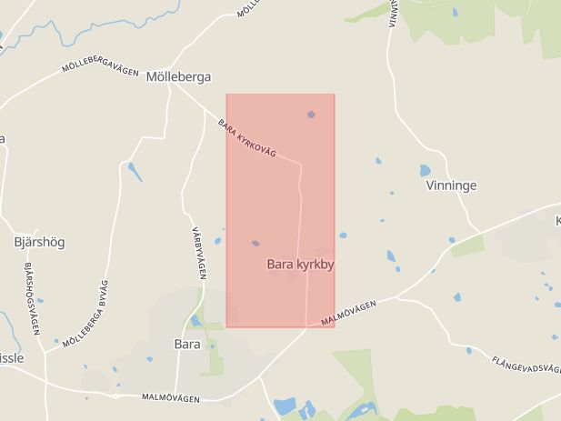 Karta som med röd fyrkant ramar in Bara Kyrkoväg, Svedala, Skåne län