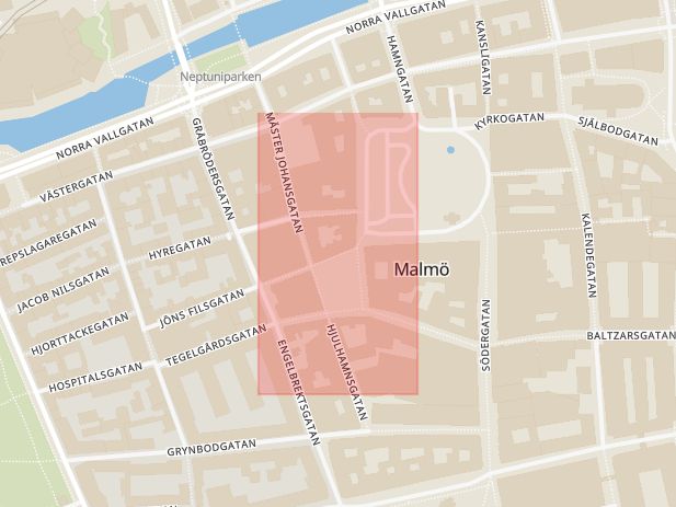 Karta som med röd fyrkant ramar in Pildammsparken, Lilla Torg, Möllevångstorget, Malmö, Skåne län