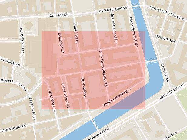 Karta som med röd fyrkant ramar in Gamla Staden, Stora Kvarngatan, Malmö, Skåne län