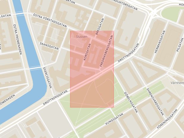 Karta som med röd fyrkant ramar in Malmgatan, Malmö, Skåne län