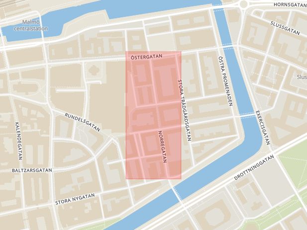 Karta som med röd fyrkant ramar in Norregatan, Malmö, Skåne län