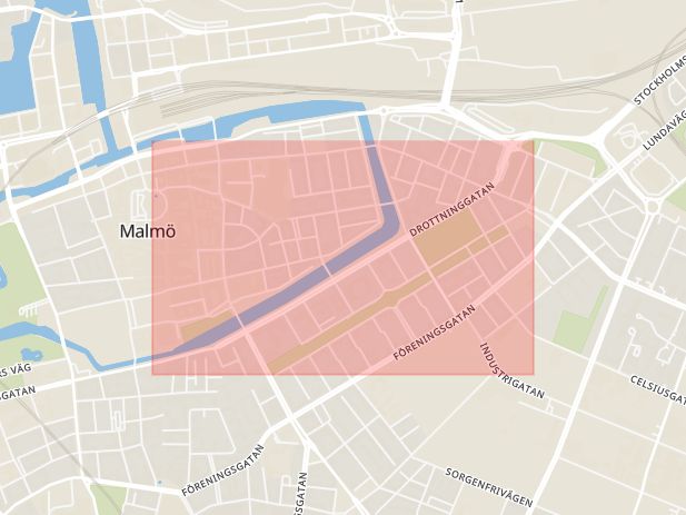 Karta som med röd fyrkant ramar in Drottninggatan, Värnhem, Malmö, Skåne län