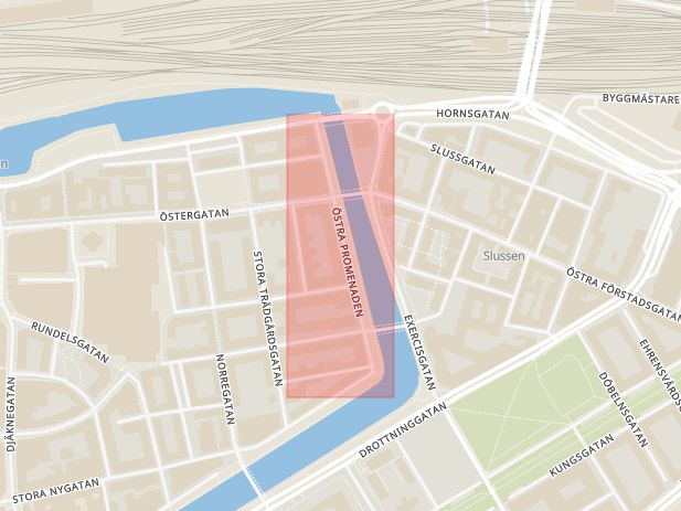 Karta som med röd fyrkant ramar in Docentgatan, Östra Promenaden, Hallingsgatan, Malmö, Skåne län