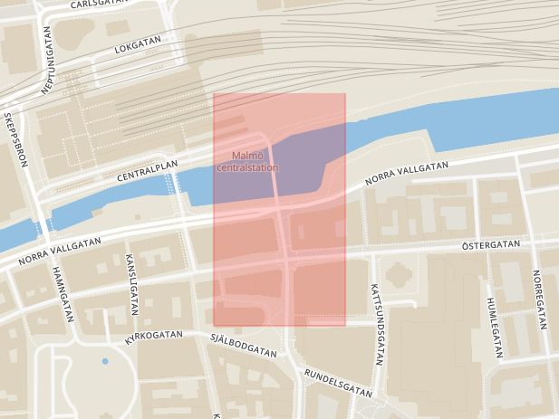 Karta som med röd fyrkant ramar in Norra Vallgatan, Prostgatan, Malmö, Skåne län