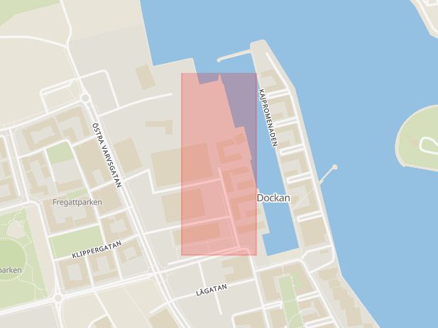 Karta som med röd fyrkant ramar in Dockgatan, Malmö, Skåne län