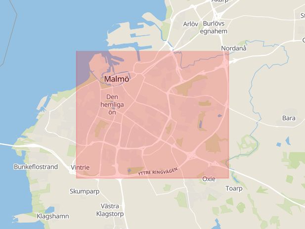 Karta som med röd fyrkant ramar in Yttre Ringvägen, Malmö, Skåne län