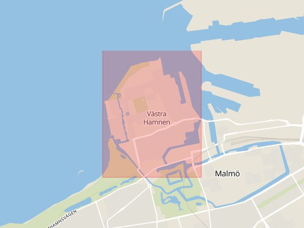 Karta som med röd fyrkant ramar in Västra Hamnen, Malmö, Skåne län