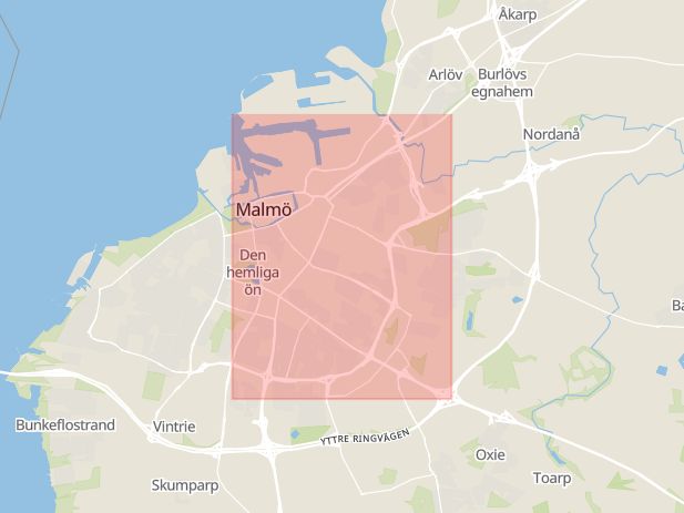 Karta som med röd fyrkant ramar in Inre Ringvägen, Malmö, Skåne län