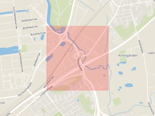 Karta som med röd fyrkant ramar in Lundavägen, Sockervägen, Åkarp, Burlöv, Skåne län