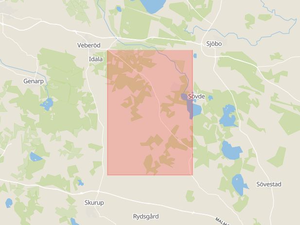 Karta som med röd fyrkant ramar in Gamla Lundavägen, Sövde, Sjöbo, Skåne län