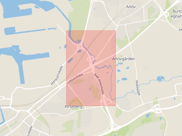 Karta som med röd fyrkant ramar in Segevång, Värsta, Malmö, Skåne län